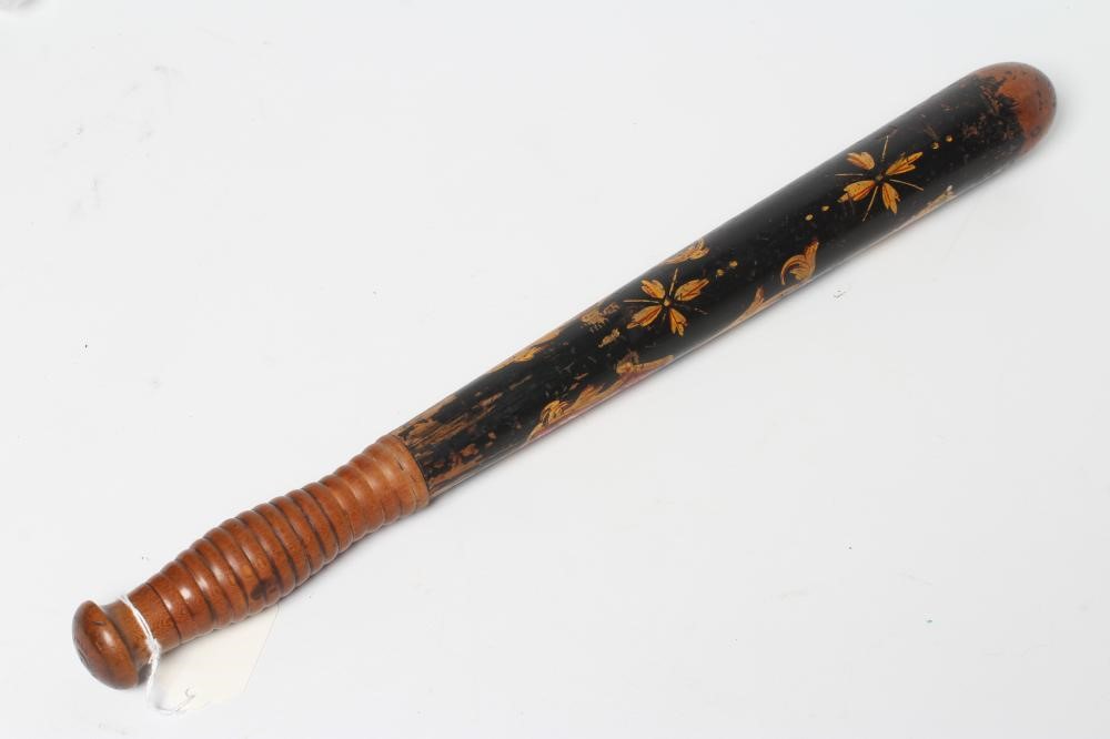 A VICTORIAN POLICE TRUNCHEON, with concealed 7 3/4" blade, ribbed wood grip and painted body with Image