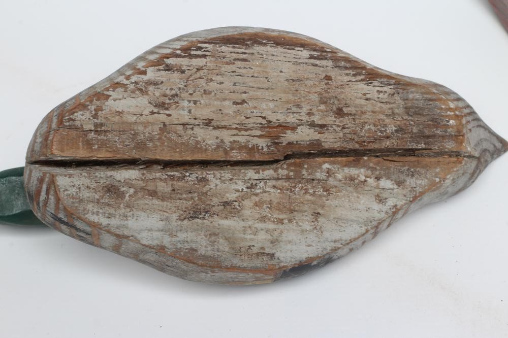 TWO DUCK DECOYS, early 20th century, possibly American, with painted exterior and flat base, largest Image