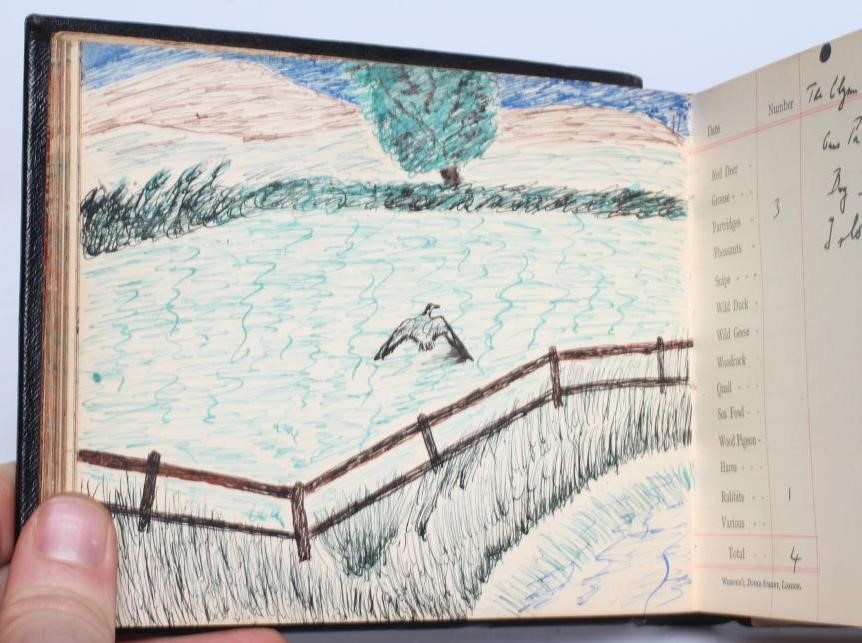A PRIVATE GAME BOOK from 1939-1943, hand annotated and illustrated in pen and pencil, leather bound Image