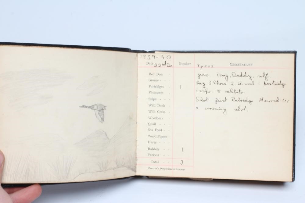A PRIVATE GAME BOOK from 1939-1943, hand annotated and illustrated in pen and pencil, leather bound Image