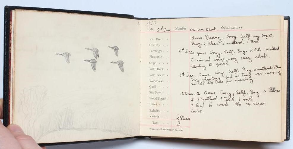 A PRIVATE GAME BOOK from 1939-1943, hand annotated and illustrated in pen and pencil, leather bound Image