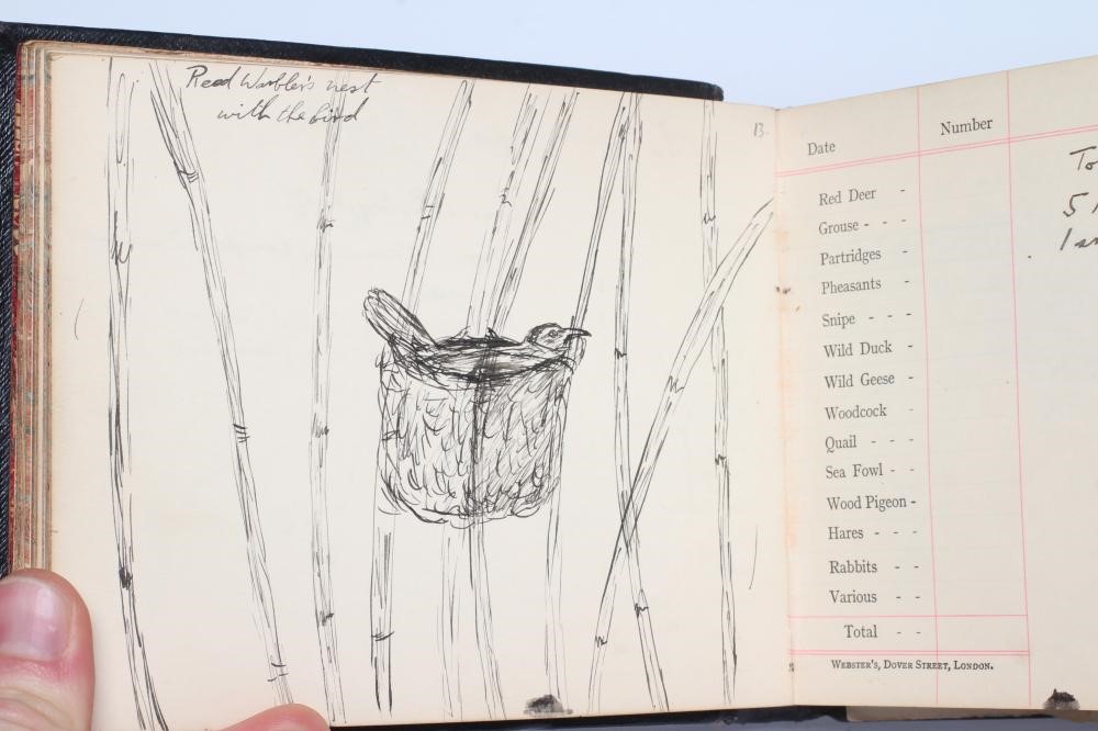 A PRIVATE GAME BOOK from 1939-1943, hand annotated and illustrated in pen and pencil, leather bound Image
