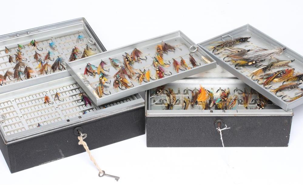 TWO LOCKABLE FLY BOXES OF APPROXIMATELY 137 SALMON FLIES, including antique examples and a small Image