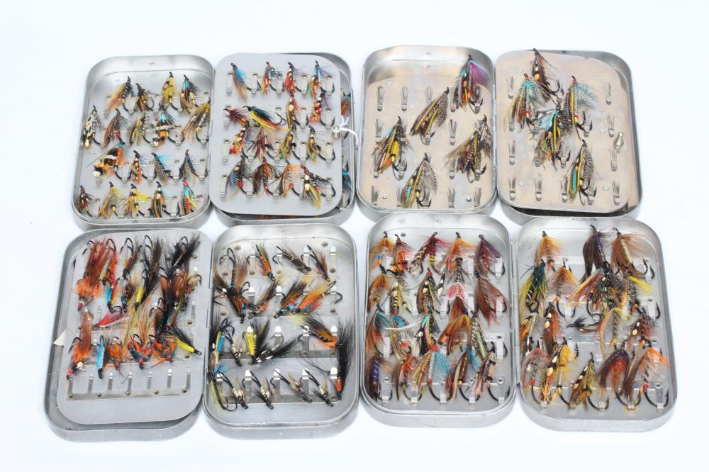 APPROXIMATELY 178 OLD HAND TIED SALMON FLIES in three Wheatley boxes and another similar (Est. plus Image