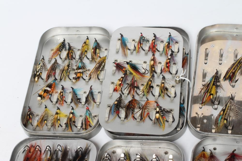 APPROXIMATELY 178 OLD HAND TIED SALMON FLIES in three Wheatley boxes and another similar (Est. plus Image