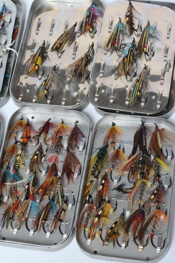 APPROXIMATELY 178 OLD HAND TIED SALMON FLIES in three Wheatley boxes and another similar (Est. plus Image