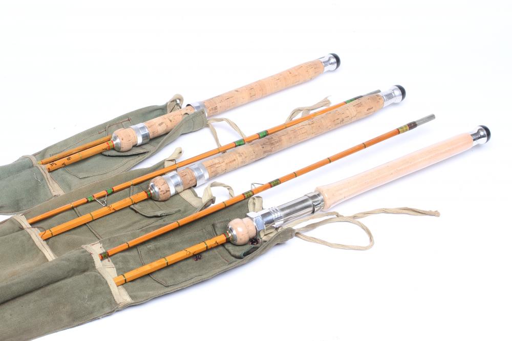 THREE HARDY "WANLESS" SPLIT CANE SPINNING RODS, all 9/10lb two piece rods, one still in its Image