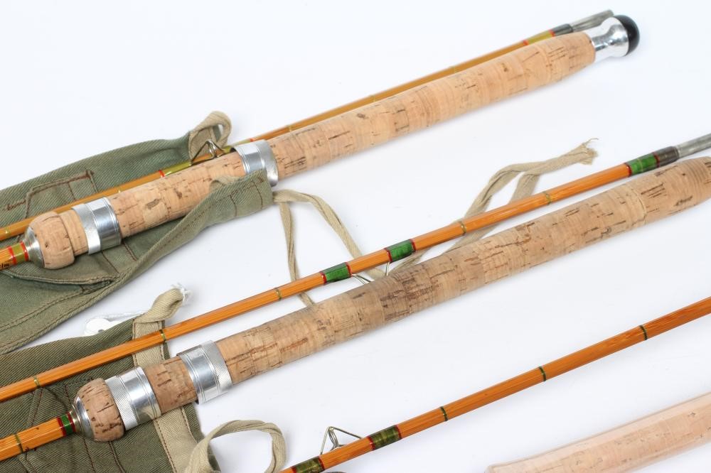 THREE HARDY "WANLESS" SPLIT CANE SPINNING RODS, all 9/10lb two piece rods, one still in its Image