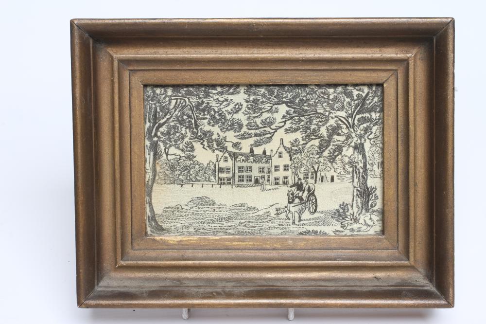 A REGENCY EMBROIDERED PICTURE worked in black thread on a silk ground with a horse and carriage Image