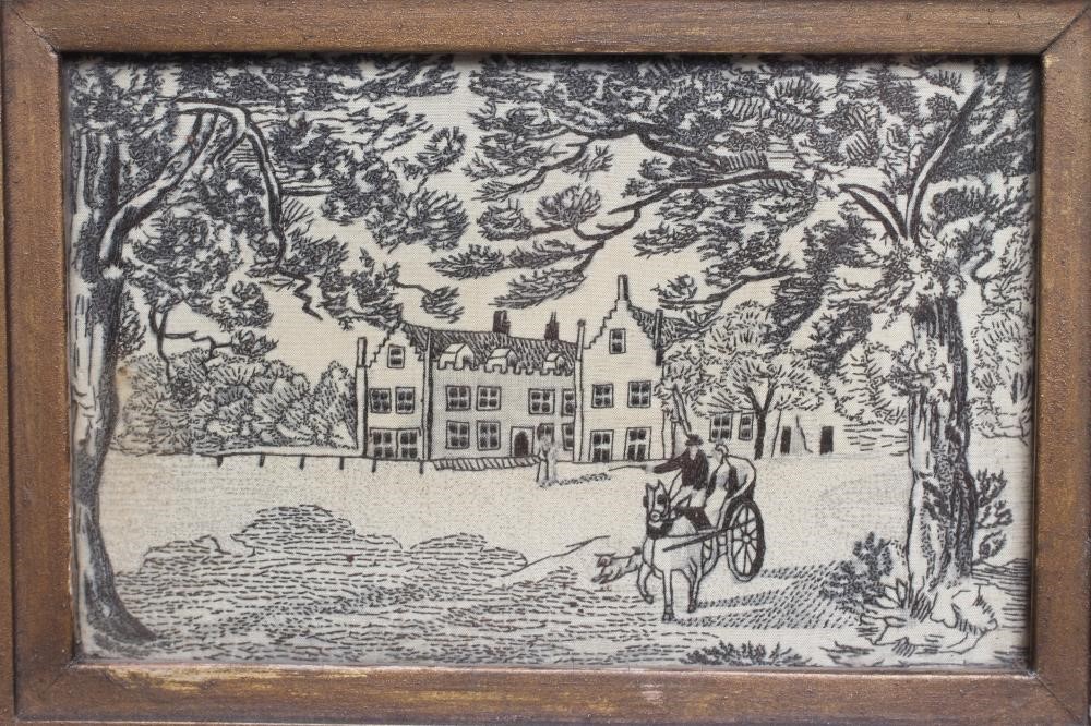 A REGENCY EMBROIDERED PICTURE worked in black thread on a silk ground with a horse and carriage Image