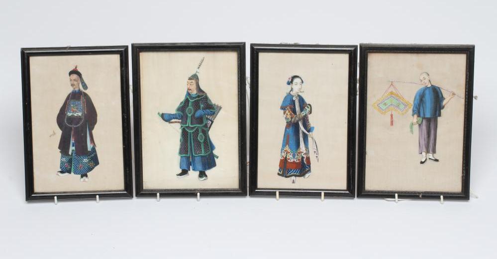 A SET OF FOUR CHINESE PAINTINGS ON RICE PAPER (?), depicting a male and female courtier in Image