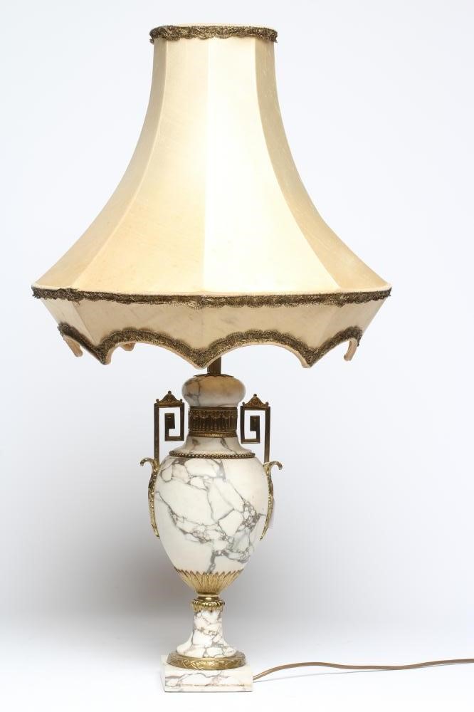 A CONTINENTAL WHITE MARBLE AND ORMOLU MOUNTED TABLE LAMP, early 20th century, of urn form with Image