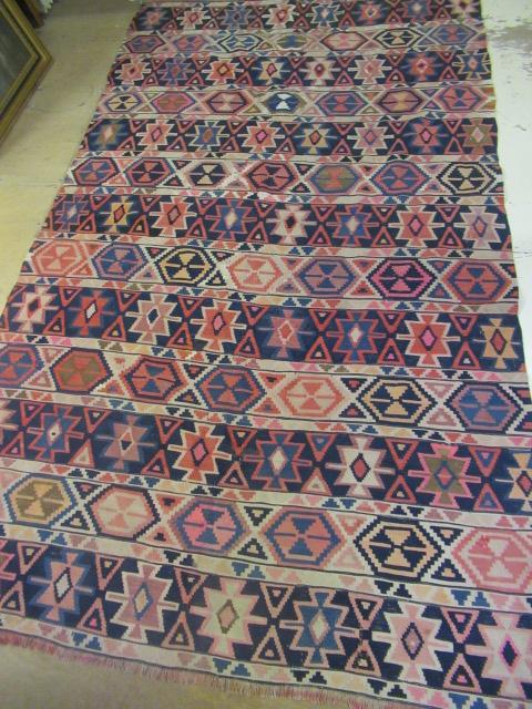 A LARGE FLAT WEAVE KILIM, modern, with bands of geometric motifs in shades of blue, pink and stone, Image
