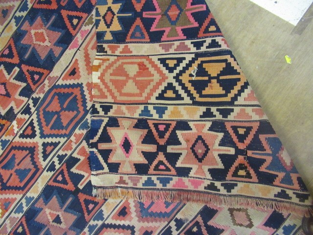 A LARGE FLAT WEAVE KILIM, modern, with bands of geometric motifs in shades of blue, pink and stone, Image
