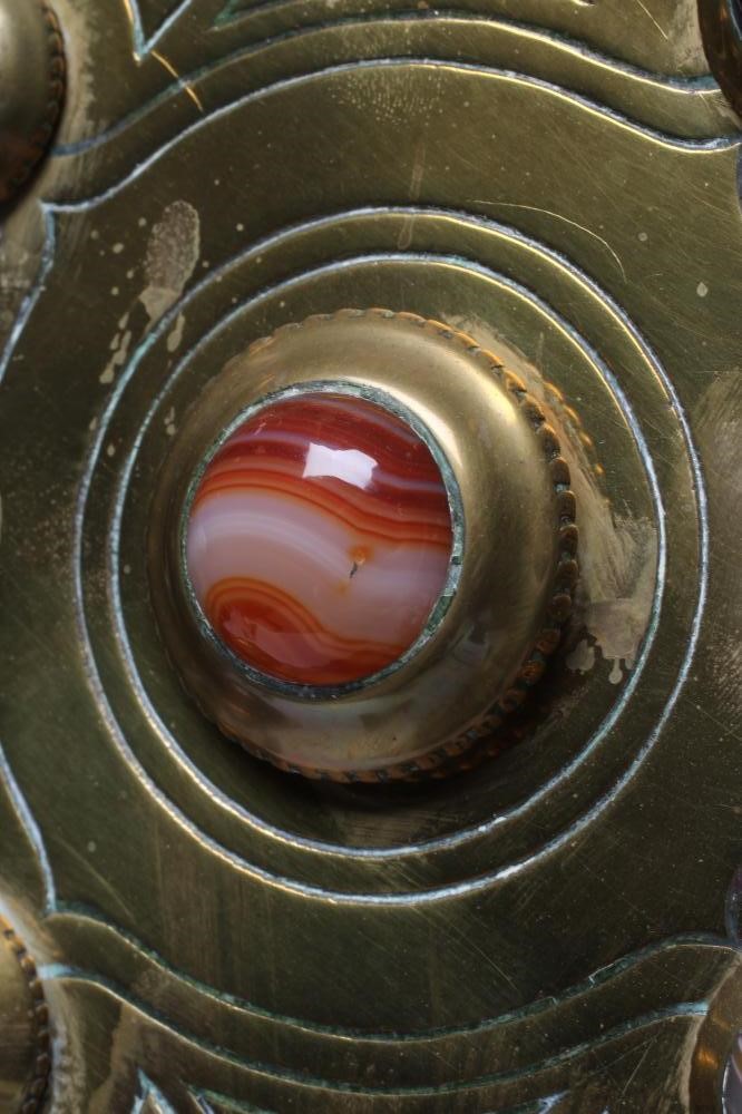AN ARTS AND CRAFTS BRASS ALTAR CROSS, set with nine agate cabochons and embellished with incised Image