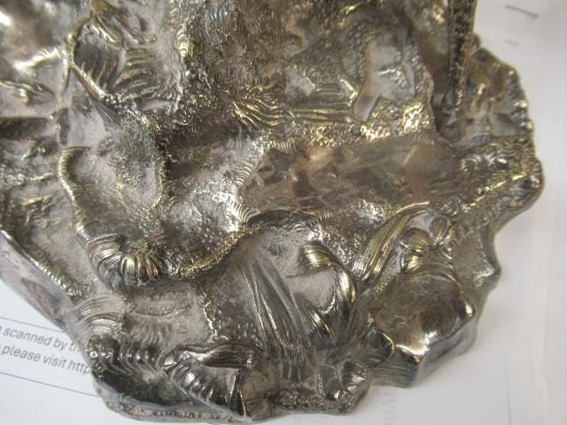 A VICTORIAN CUT GLASS AND PLATED CENTREPIECE with palm tree and deer on a rocky base, 19" high (Est. Image