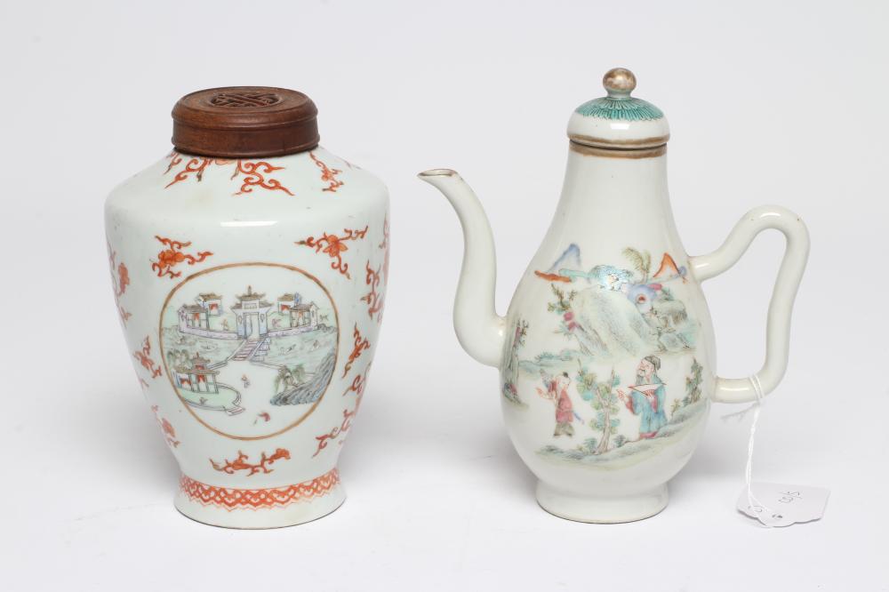 A CHINESE PORCELAIN SMALL COFFEE POT AND COVER of baluster form with ear shaped handle Image