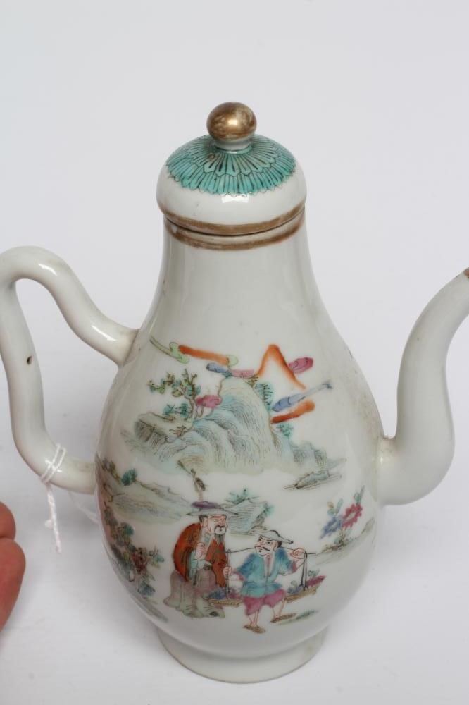 A CHINESE PORCELAIN SMALL COFFEE POT AND COVER of baluster form with ear shaped handle Image
