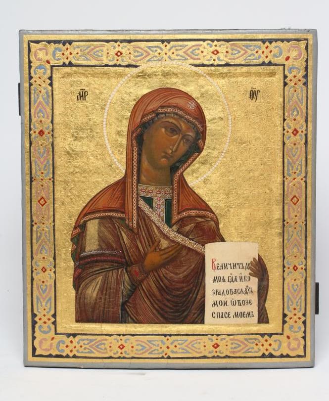 A RUSSIAN ICON, 19th century, the image in green and scarlet robes against a gold ground with Image