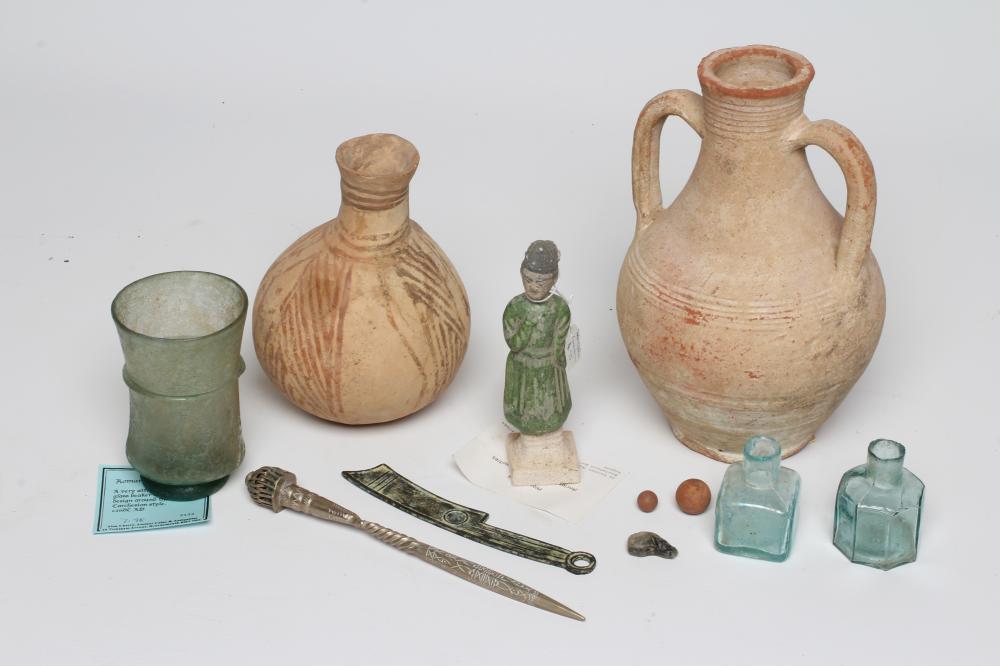 A COLLECTION OF ANTIQUITIES comprising of a Roman terracotta two handled baluster shaped vase Image