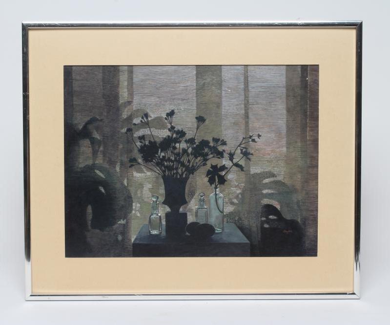ARTHUR BAGLEE (b.1947) "Still Life with Curtain", signed, inscribed to reverse, watercolour,10" x Image
