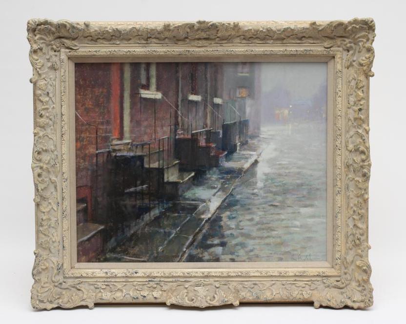 BRITISH SCHOOL (20th century) Street Scene at Dusk, indistinctly signed, pastel, 17" x 21", framed Image