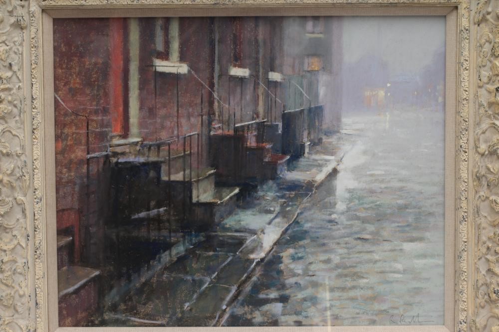 BRITISH SCHOOL (20th century) Street Scene at Dusk, indistinctly signed, pastel, 17" x 21", framed Image