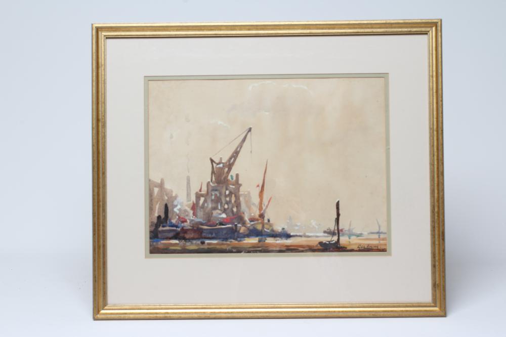 GEORGE AYLING RSMA RI (1887-1960) London Docks, signed lower right, watercolour, 10 1/2" x 14", Image