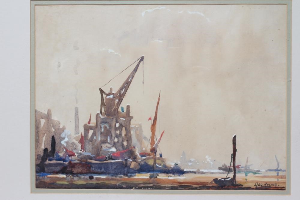 GEORGE AYLING RSMA RI (1887-1960) London Docks, signed lower right, watercolour, 10 1/2" x 14", Image