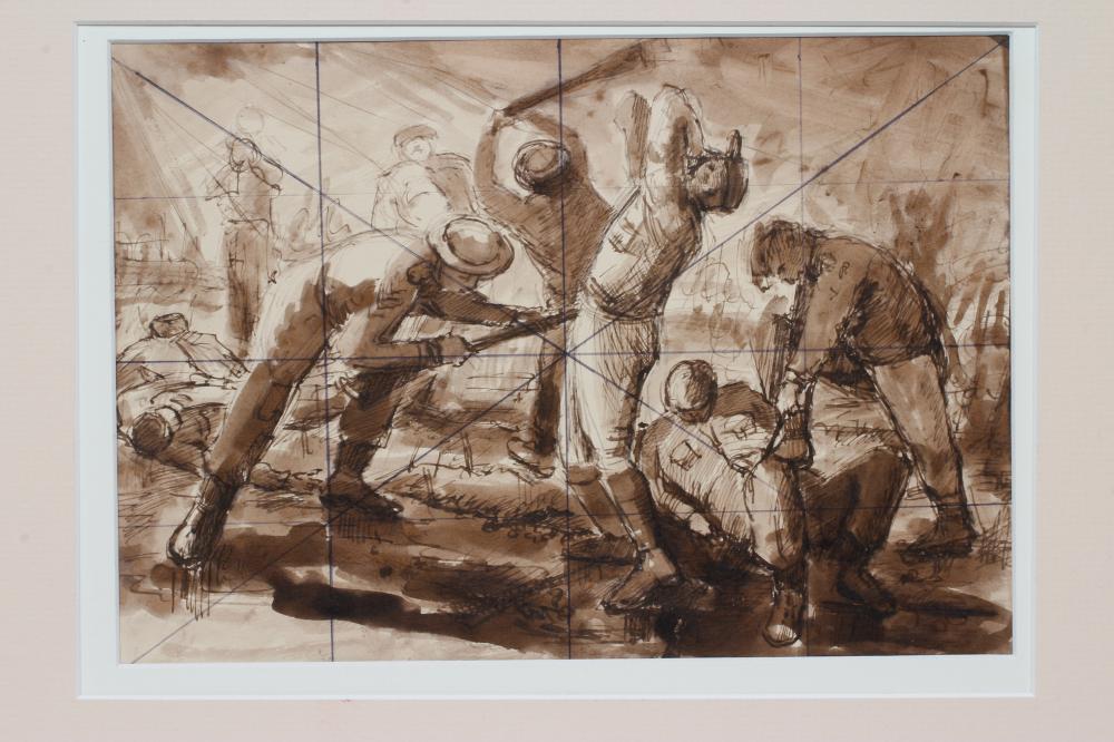 ATTRIBUTED TO EDWARD ARDIZZONE (1900-1979) Battle scene, pen and ink, watercolour, 7" x 10", Image