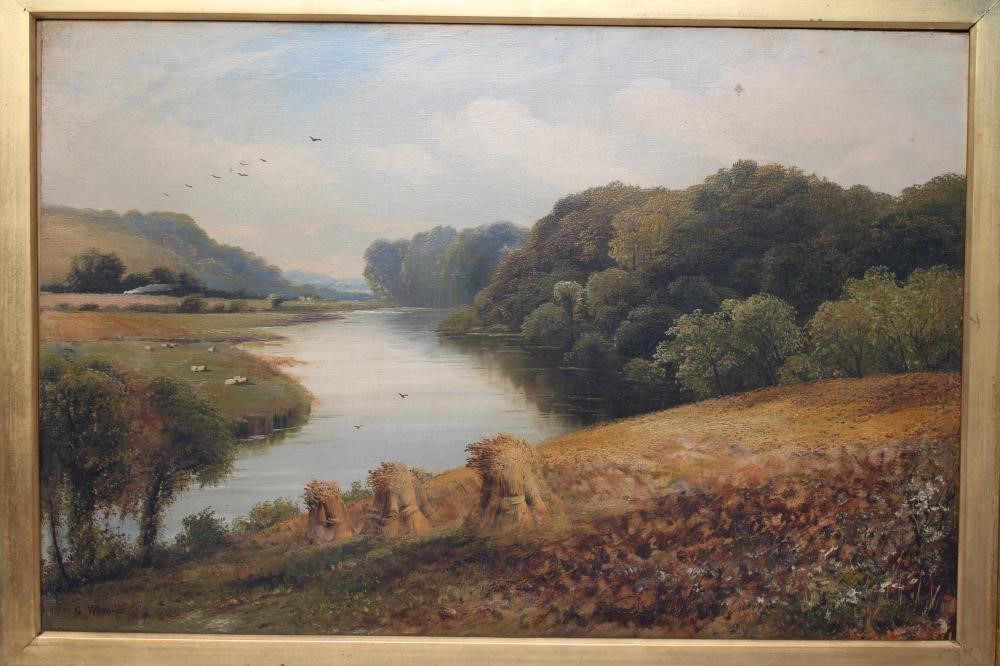G WRIGHT (19th century) Corn Stooks on a Riverbank, signed, oil on canvas, 20" x 30", swept gilt Image