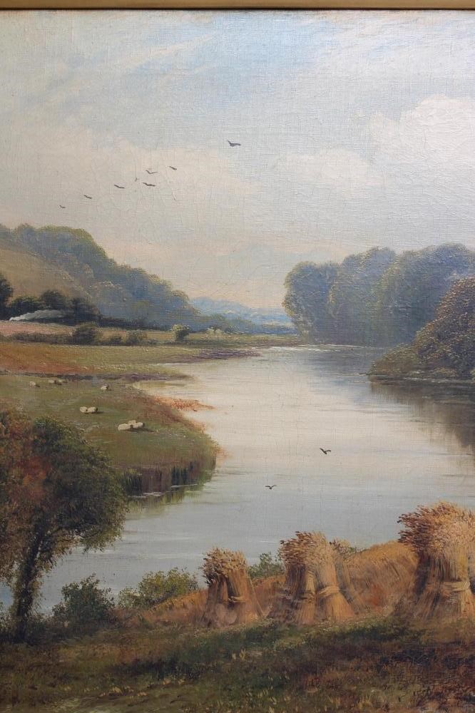 G WRIGHT (19th century) Corn Stooks on a Riverbank, signed, oil on canvas, 20" x 30", swept gilt Image