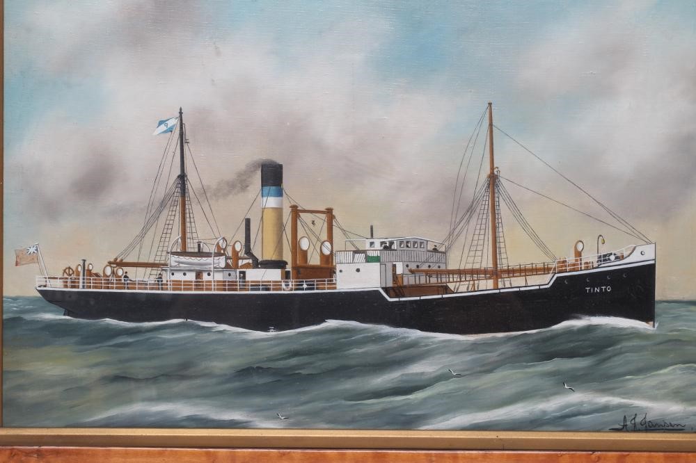 ALFRED J JANSEN (Dutch 1859-1935) Portrait of the Steamship Tinto, signed, oil on canvas,14" x 19 Image