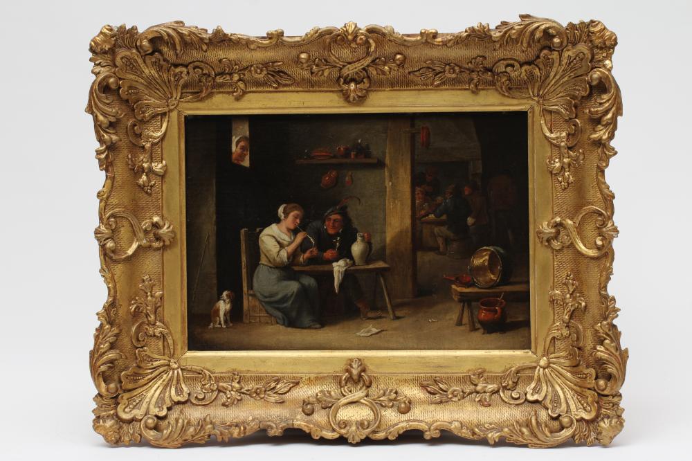 FLEMISH SCHOOL (19th century) Tavern Scene, unsigned, oil on canvas,11 1/2" x 16 1/2", swept gilt Image