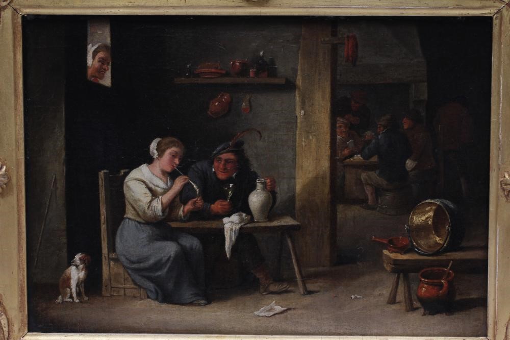 FLEMISH SCHOOL (19th century) Tavern Scene, unsigned, oil on canvas,11 1/2" x 16 1/2", swept gilt Image