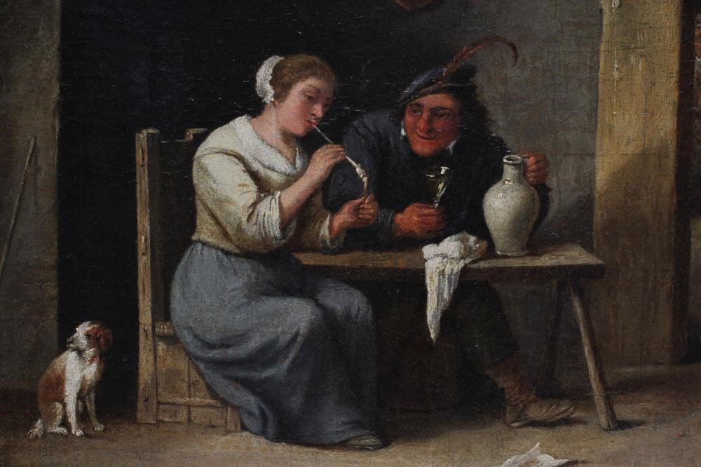 FLEMISH SCHOOL (19th century) Tavern Scene, unsigned, oil on canvas,11 1/2" x 16 1/2", swept gilt Image