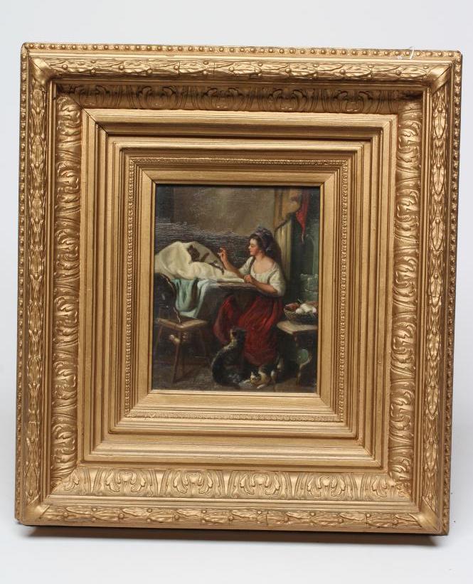 BRITISH SCHOOL (early 20th century) Cottage interiors with dogs and cats, a pair, oil on canvas, Image