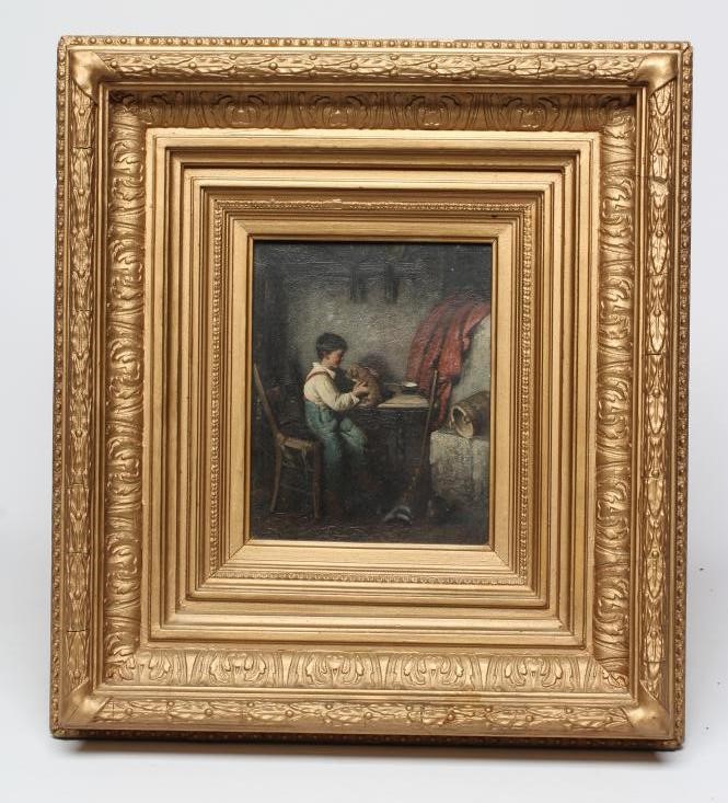 BRITISH SCHOOL (early 20th century) Cottage interiors with dogs and cats, a pair, oil on canvas, Image