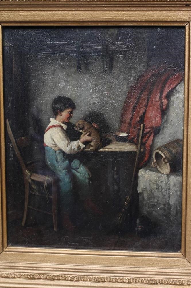 BRITISH SCHOOL (early 20th century) Cottage interiors with dogs and cats, a pair, oil on canvas, Image