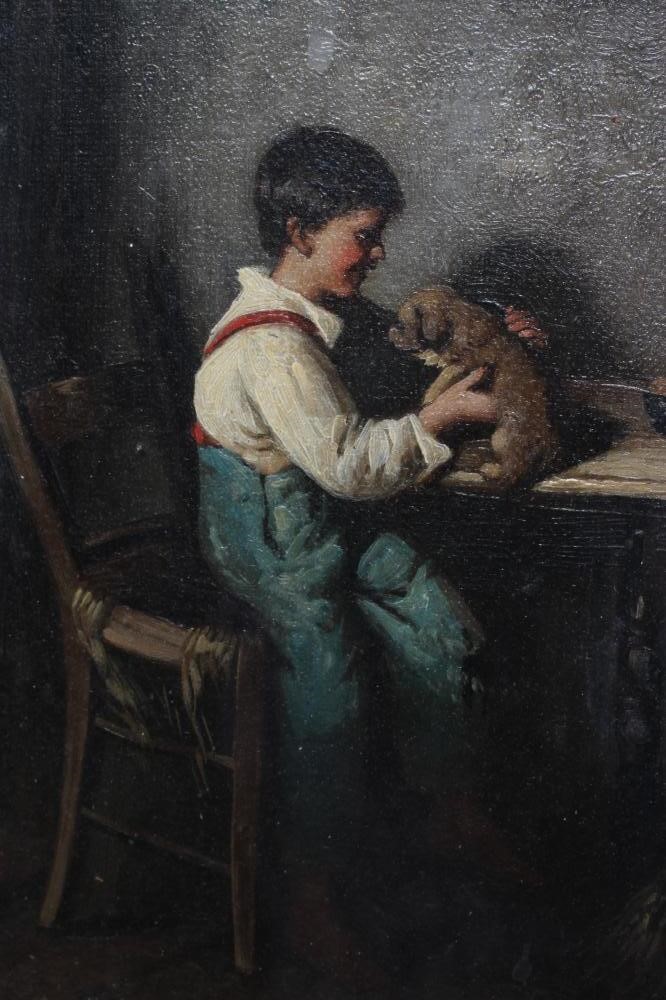 BRITISH SCHOOL (early 20th century) Cottage interiors with dogs and cats, a pair, oil on canvas, Image