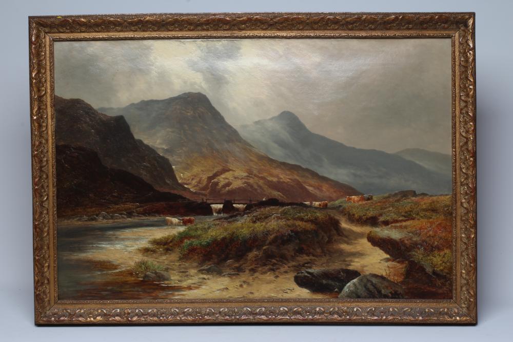 BRITISH SCHOOL (19th century) Extensive landscape with cattle and hills, oil on canvas, 24" x 36", Image