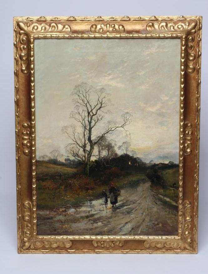 WILLIAM ASHTON (1853-1927) Returning home at dusk, signed lower left, dated '94, oil on canvas, 22" Image