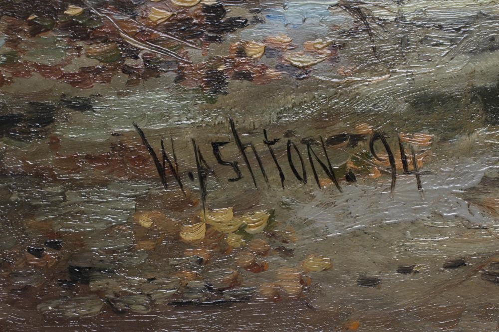 WILLIAM ASHTON (1853-1927) Returning home at dusk, signed lower left, dated '94, oil on canvas, 22" Image