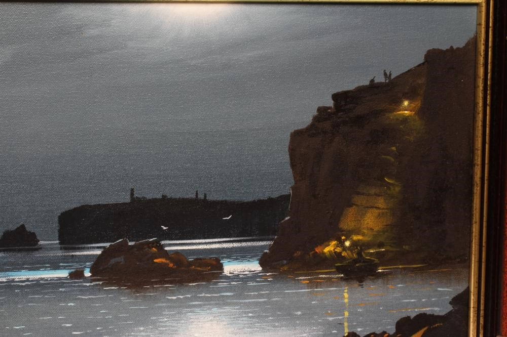 LEE SPENCE (b.1934) Coastal scene at night, oil on canvas, Newquay Galleries label to reverse, 12" x Image