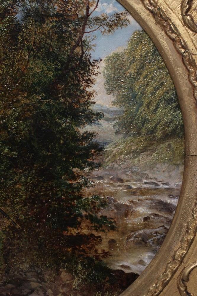 CIRCLE OF GEORGE COLE (1810-1883) Fisherman beside a river, oil on canvas, (tondo), 12 1/2" Image