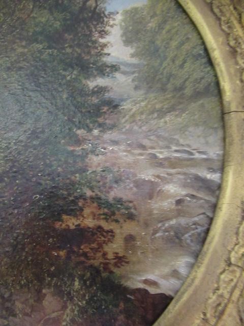 CIRCLE OF GEORGE COLE (1810-1883) Fisherman beside a river, oil on canvas, (tondo), 12 1/2" Image