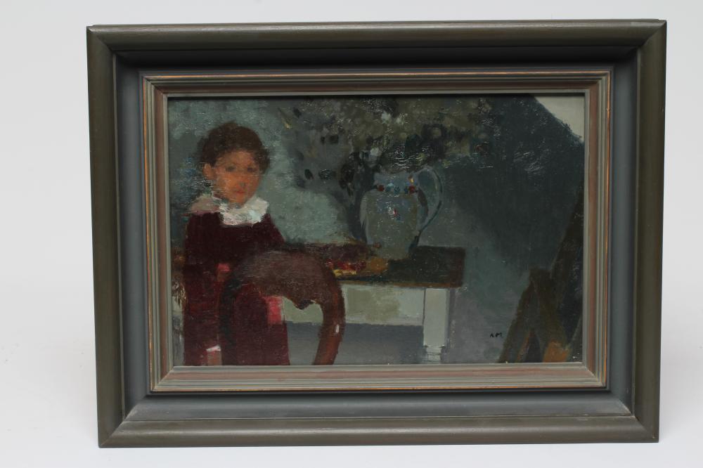 ANDREW MACLAREN (b.1941) Interior scene with young child and vase of flowers, signed with initials Image