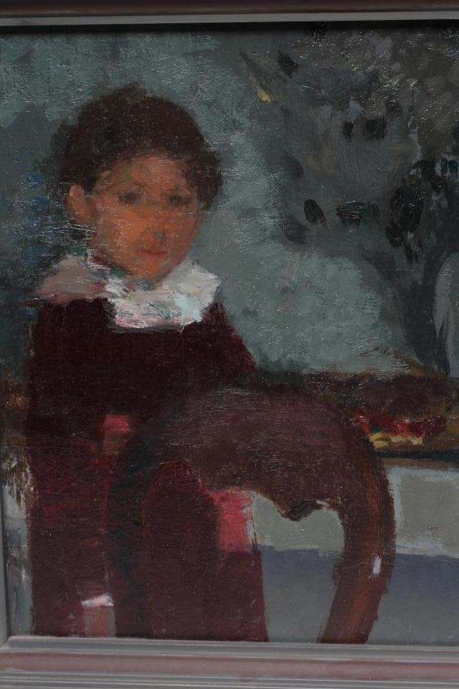 ANDREW MACLAREN (b.1941) Interior scene with young child and vase of flowers, signed with initials Image