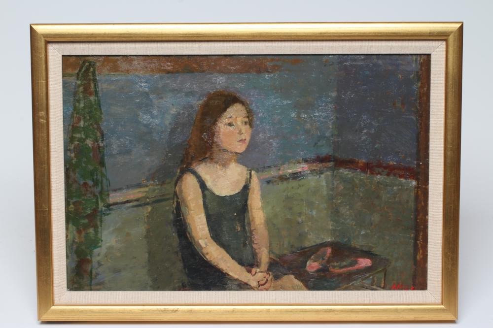 ANDREW MACLAREN (b.1941) Waiting, signed with initials and dated '89 lower right, oil on board,11 Image