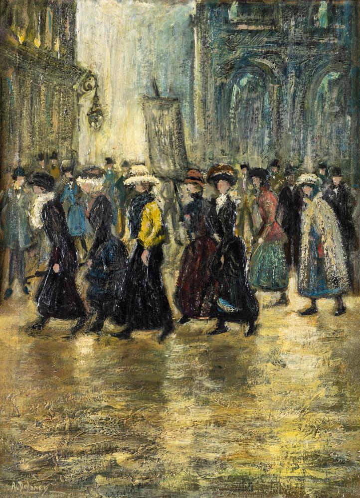 ARTHUR DELANEY (1927-1987) Suffragette March, signed lower left, oil on board,14 1/2" x 10 1/2", Image